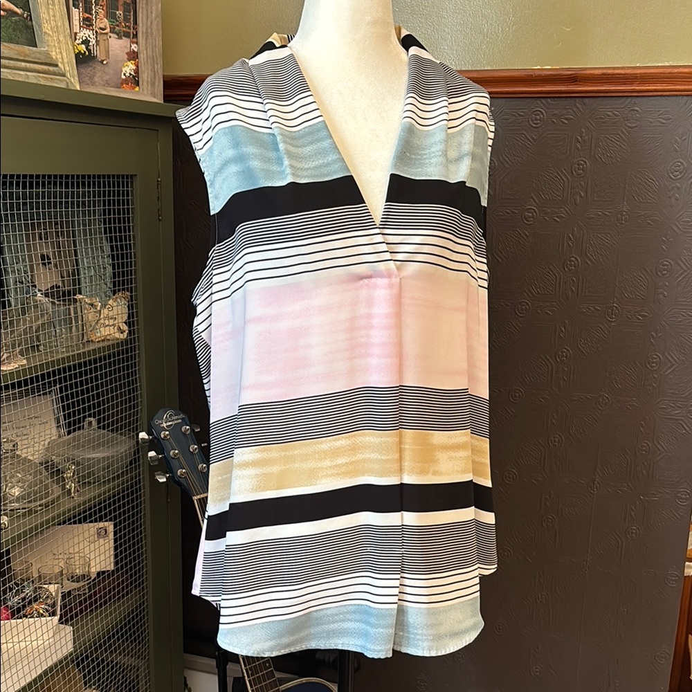 le chateau Sleeveless V-Neck Striped Blouse in Blue, Pink, Black, Gold